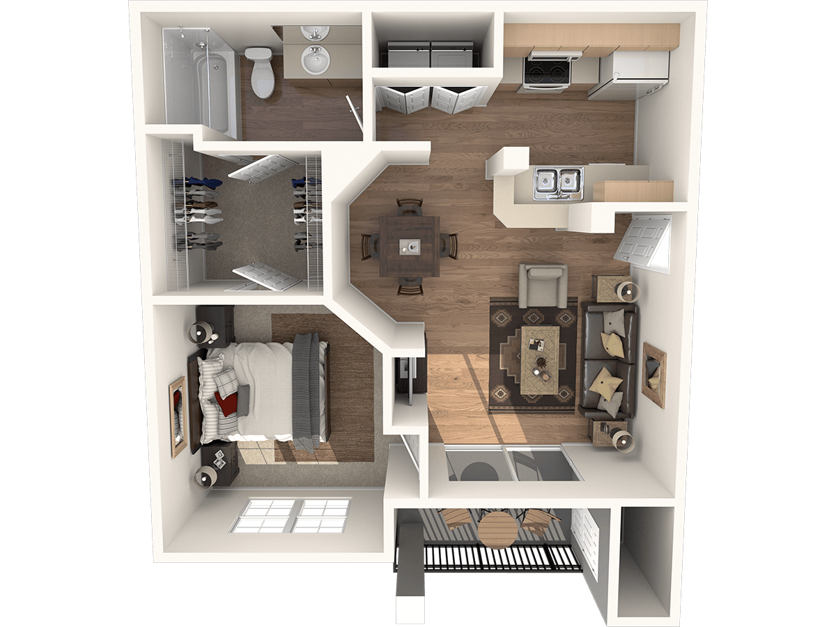 Floor plan for 1 bed, 1 bath, 647 sqft